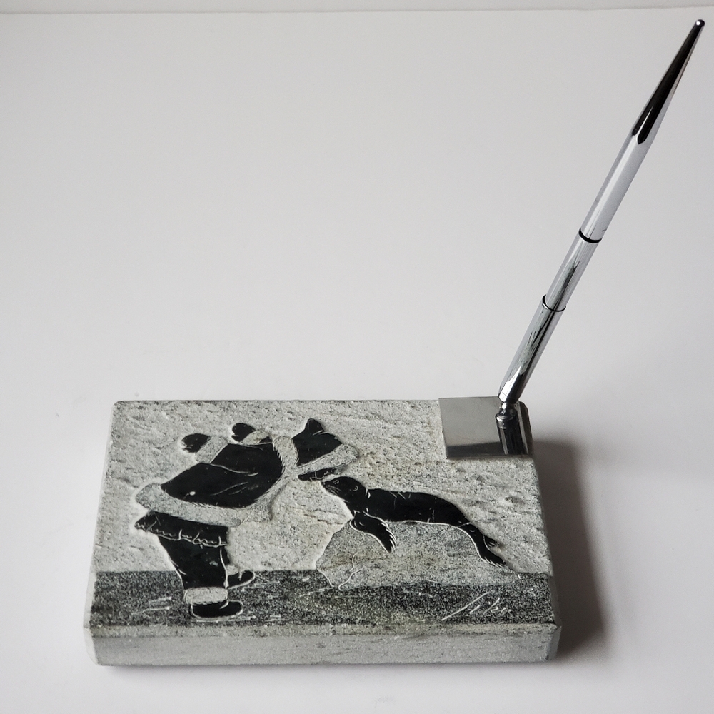 Vintage Siku Carved Soapstone Pen Holder Signed Siku Inuit Seal Made in Canada